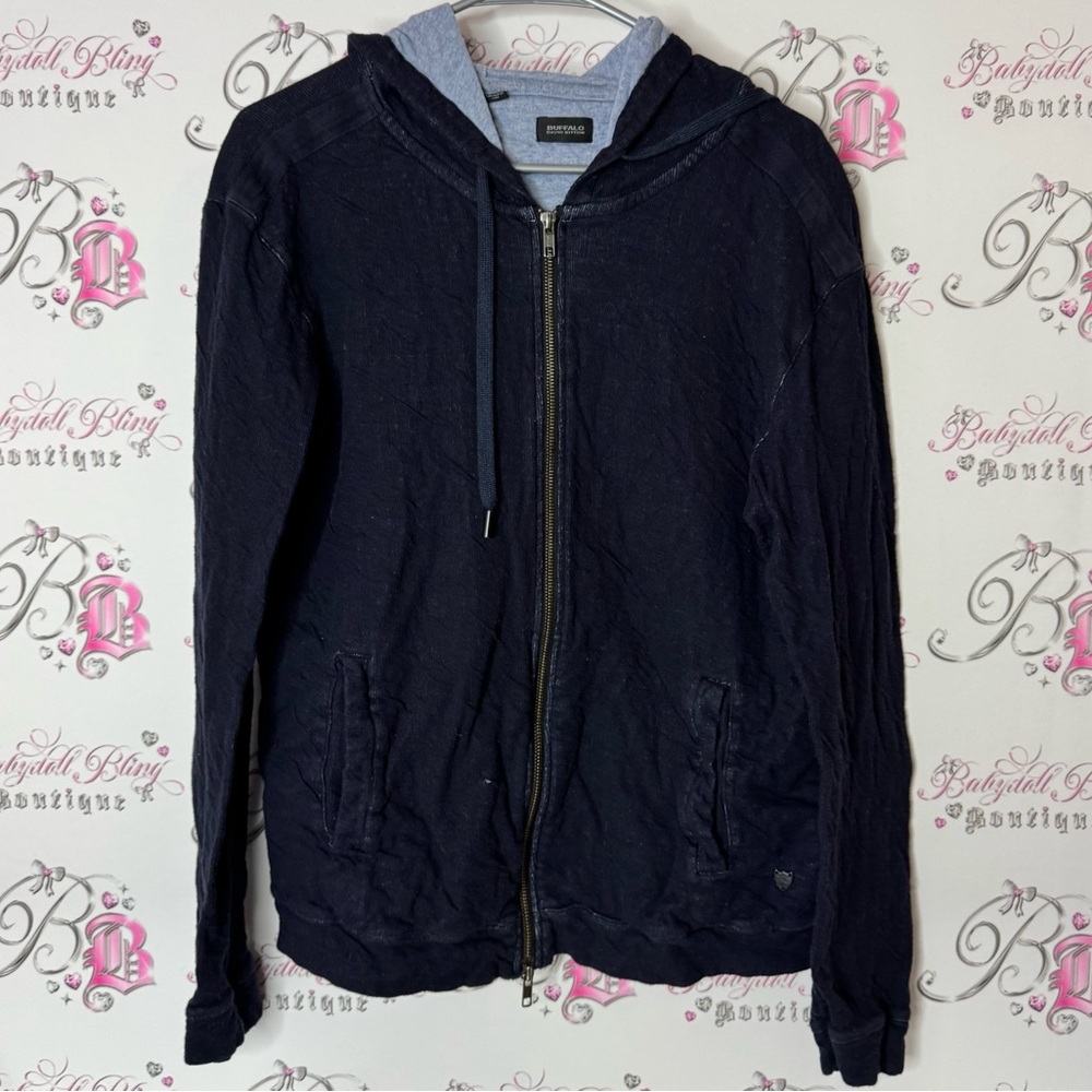 Buffalo hoodie sweater distressed denim look Jean style Dark Blue Zip-Up